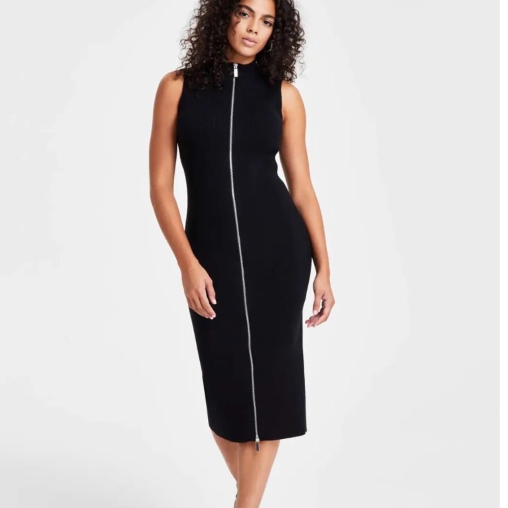 Bar III Black Ribbed Sweater Dress with Front Zipper